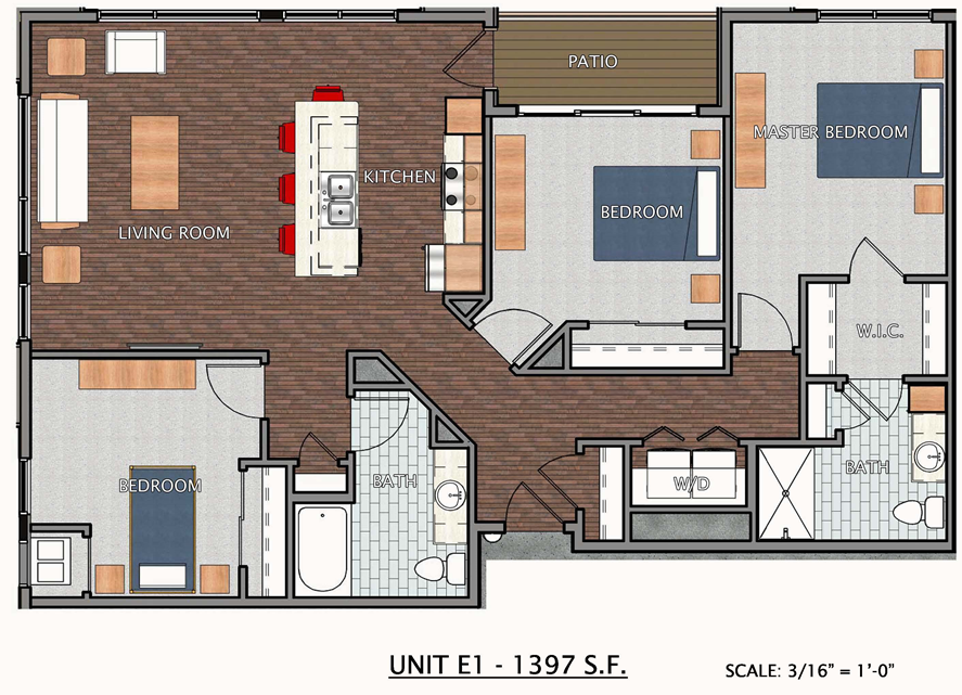 Floor plan for 3 beds, 2 baths, 1397 sqft
